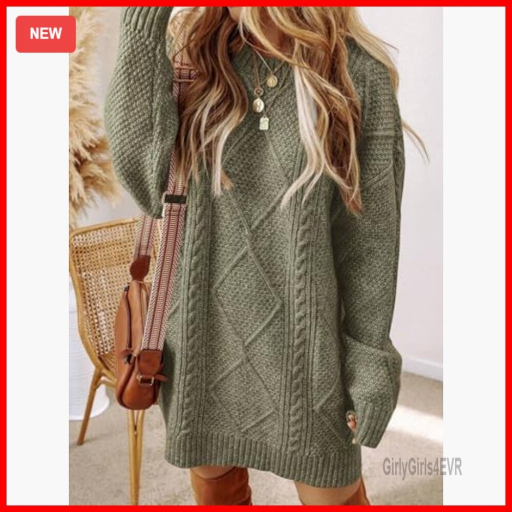 Cable Knit Sweater Dress Long Sleeve Loose Fit Pullover Mini Tunic - Picture 6 of 7